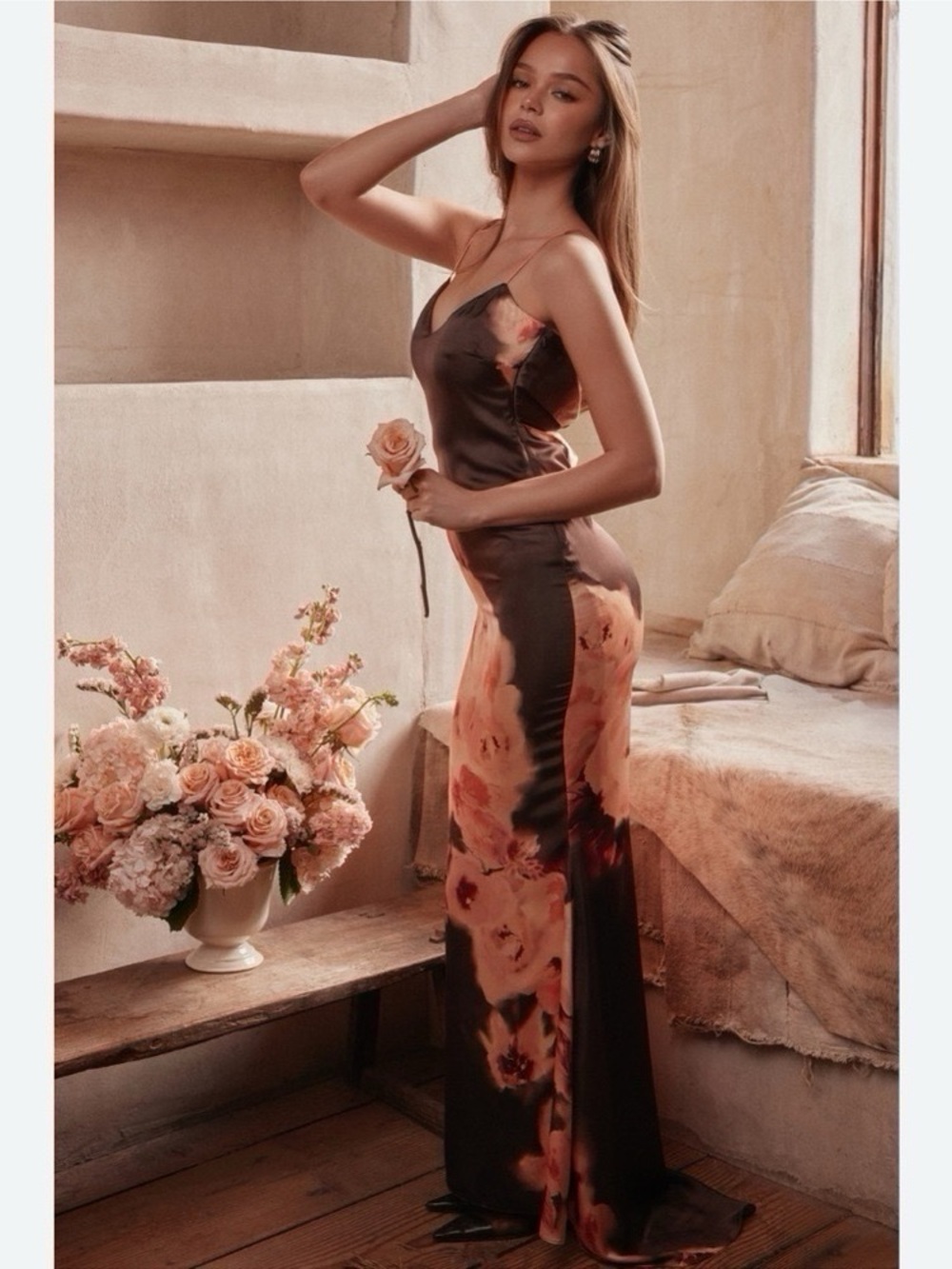 House of CB Mariamma Dark Brown Floral Printed Satin Maxi Dress - Picture 4 of 16